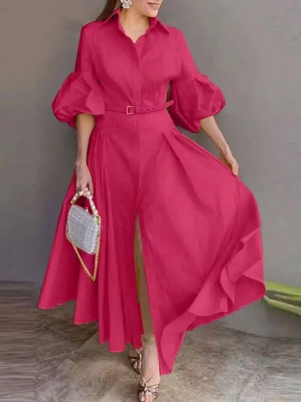 Deep-pink puff-sleeve belted maxi dress with button-up V-neck and flared skirt