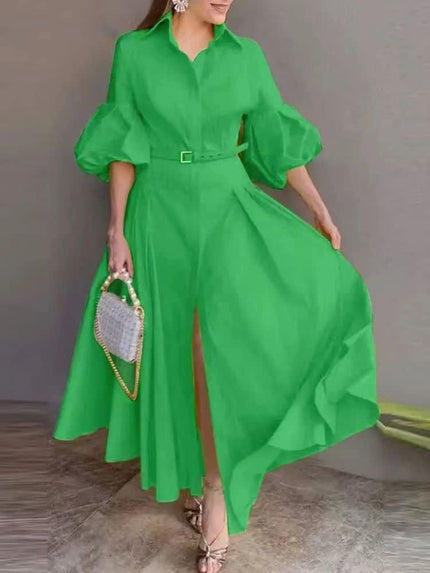 Lime-green puff-sleeve belted maxi dress with button-up V-neck and flowing skirt