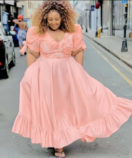 Light-pink puff-sleeve midi dress with V neckline and ruffle hem, gathered skirt