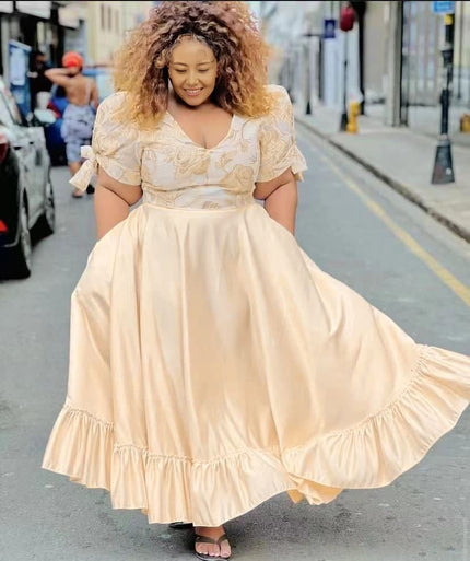 Cream puff-sleeve midi dress with V neckline and ruffle hem, gathered skirt