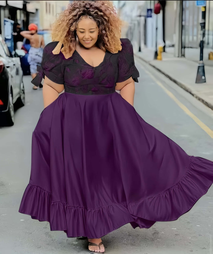 Purple puff-sleeve midi dress with V neckline and ruffle hem, full gathered skirt
