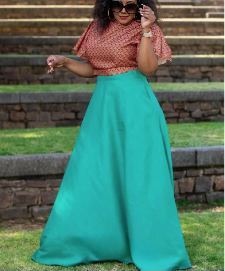 Two-piece geometric ruffle top and turquoise flared maxi skirt, tied waist detail