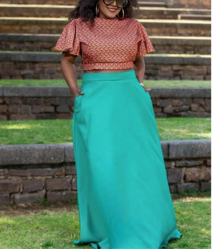 Two-piece geometric ruffle top and turquoise flared maxi skirt with elastic waist