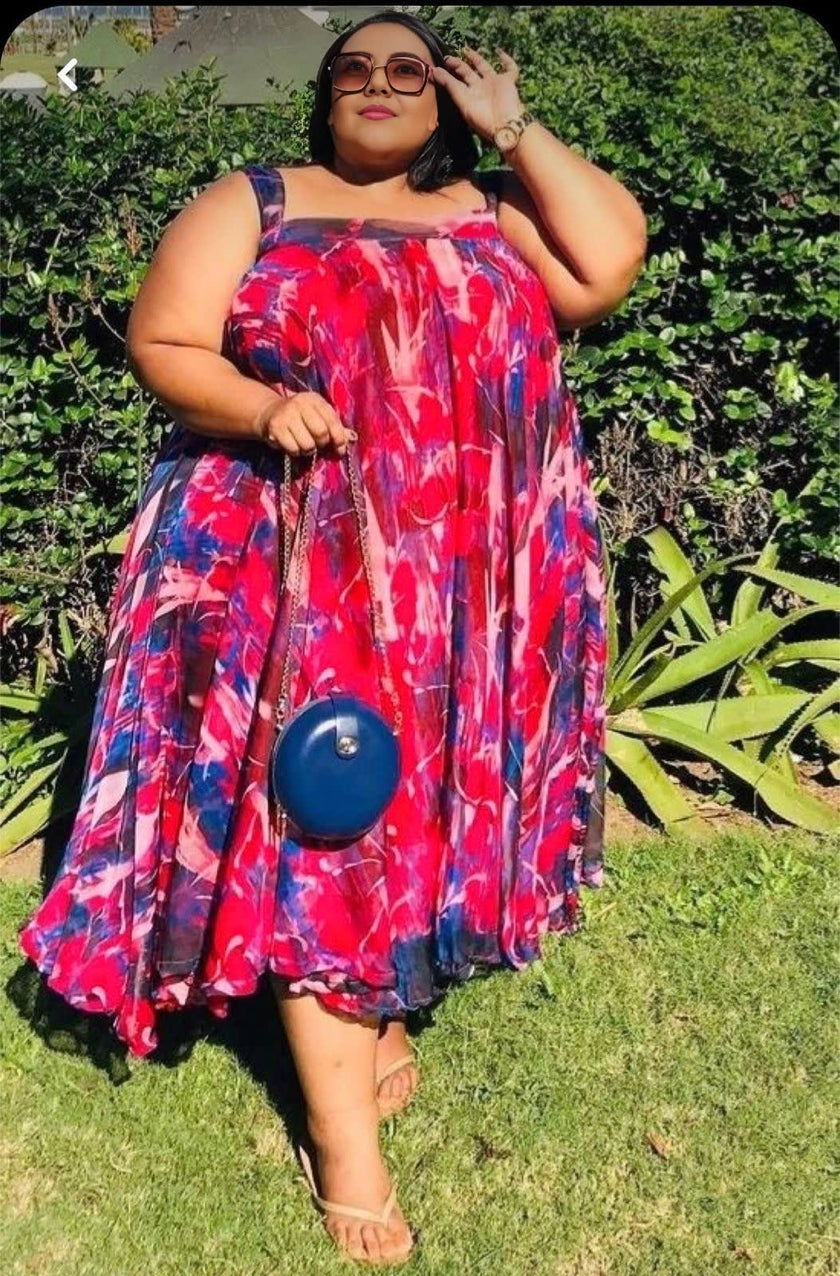 Abstract Art Flare Dress - Knee-Length with Wide Straps