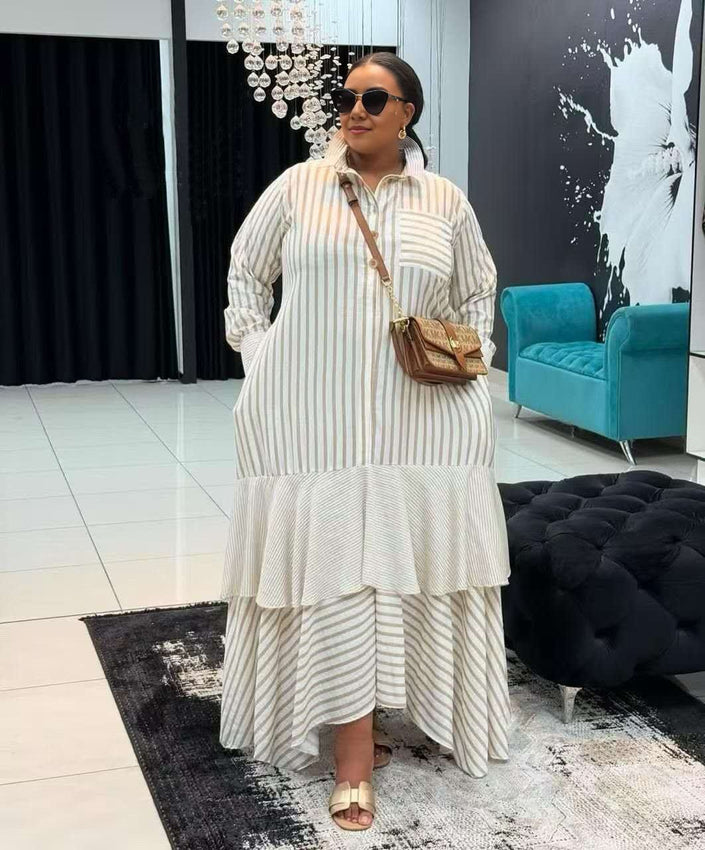 Striped tiered maxi dress with long puff sleeves and button-front
