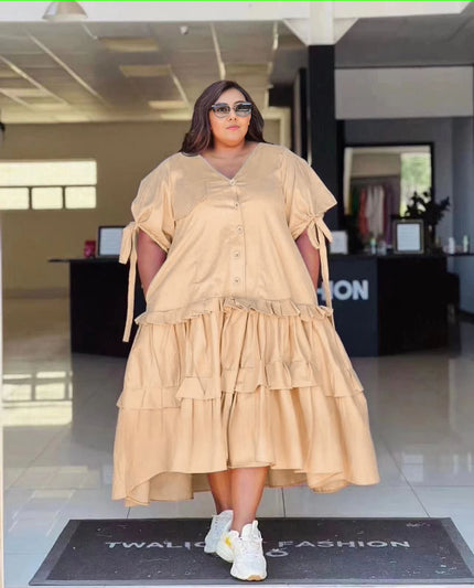 Plus size tiered ruffle midi dress, button front, short cuffed sleeves—nude beige