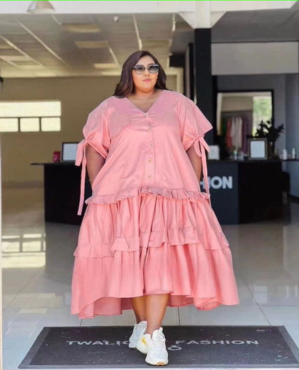 Plus size tiered ruffle midi dress, button front, short cuffed sleeves—pink