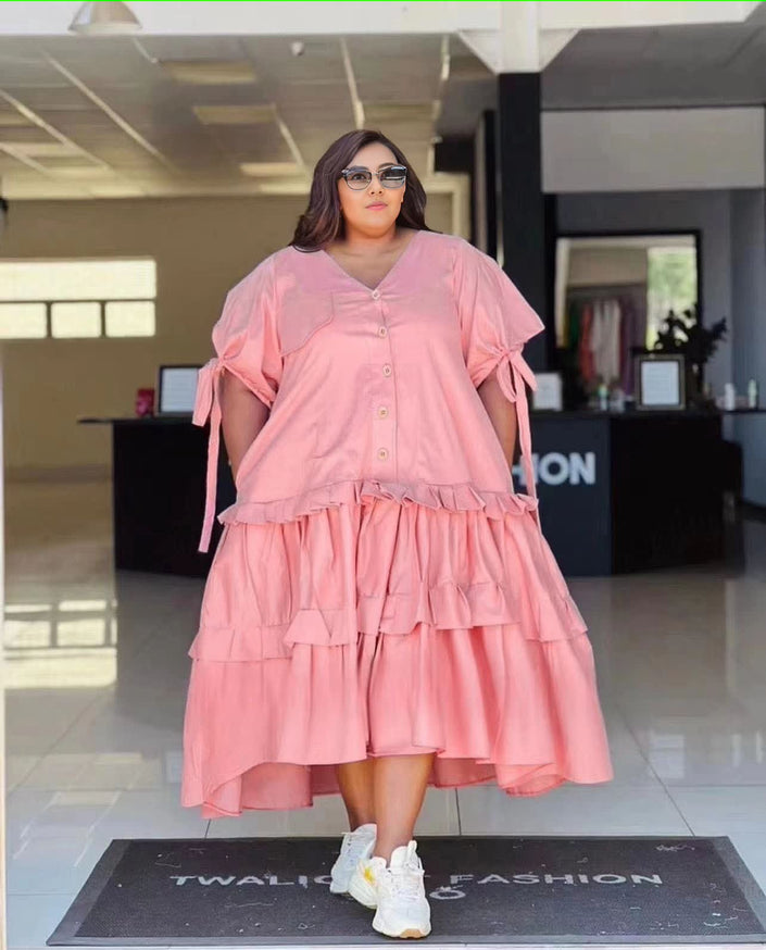 Plus size tiered ruffle midi dress, button front, short cuffed sleeves—pink