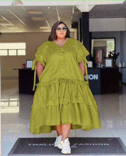 Plus size tiered ruffle midi dress, button front, short cuffed sleeves—green