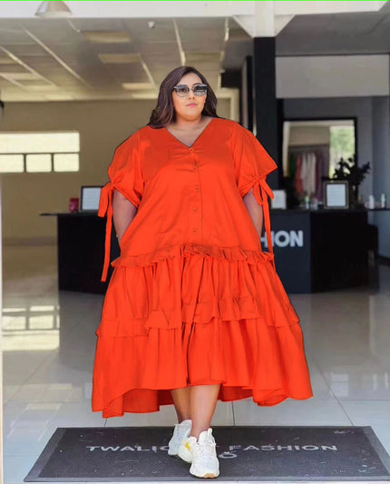 Plus size tiered ruffle midi dress, button front, short cuffed sleeves—red