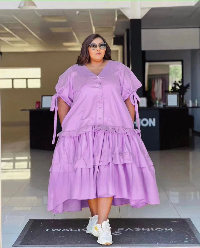 Tiered Ruffle Midi Dress with Button-Up Front and Short Sleeves