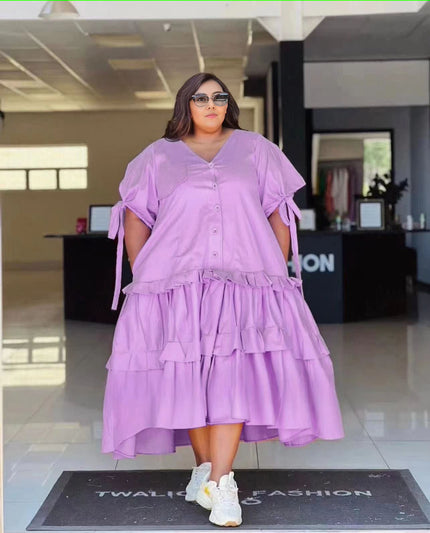 Plus size tiered ruffle midi dress, button front, short cuffed sleeves—light purple