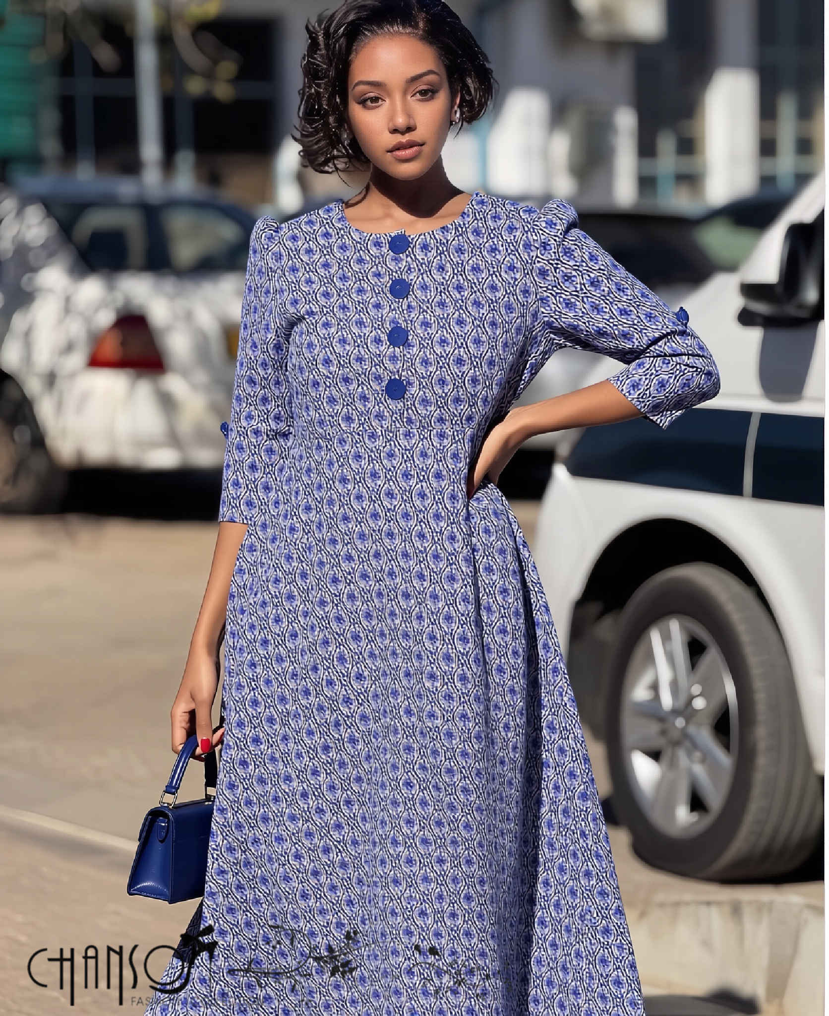 Blue geometric African-print midi dress with tie waist, button front and flared A-line