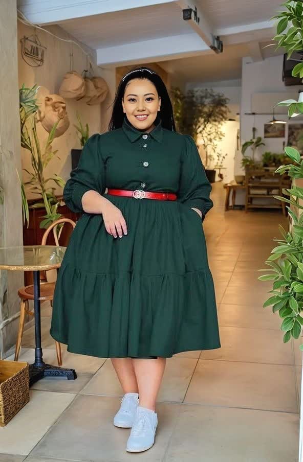 Dark-green tiered midi dress with red belt, long sleeves, buttoned front and collar
