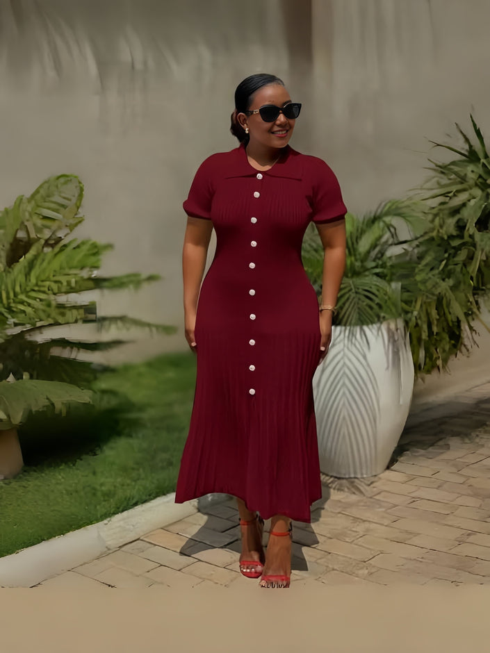 Maroon knit midi dress with short sleeves, button front and flared hem