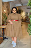 Tan tiered midi dress with red belt, long sleeves, buttoned front with gathered skirt