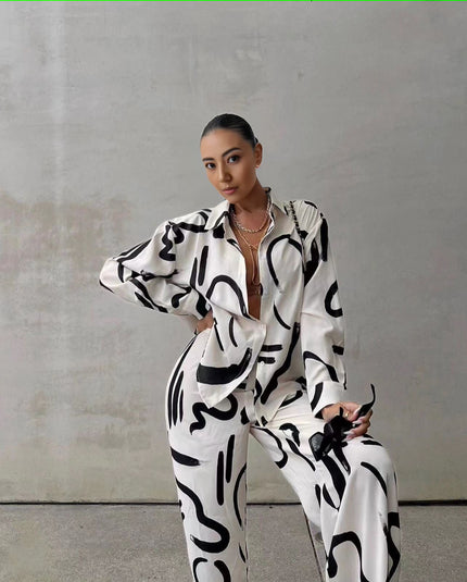 Printed shirt and wide-leg pants set, white with black abstract pattern