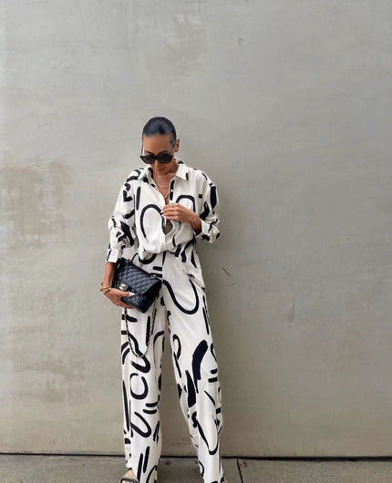 Printed shirt and wide-leg pants set, white with black abstract print, long sleeves