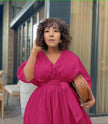 Magenta tiered midi dress with puff sleeves and V-neck, gathered waist