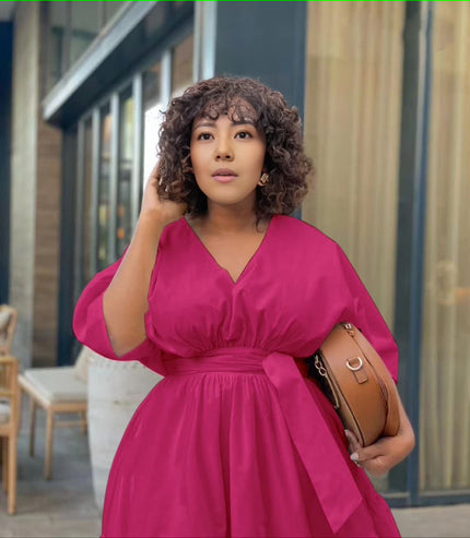 Magenta tiered midi dress with puff sleeves and V-neck, gathered waist