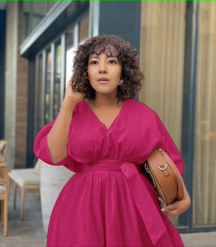 Magenta tiered midi dress with puff sleeves and V-neck, gathered waist