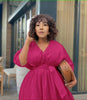 Magenta tiered midi dress with puff sleeves and V-neck, gathered waist