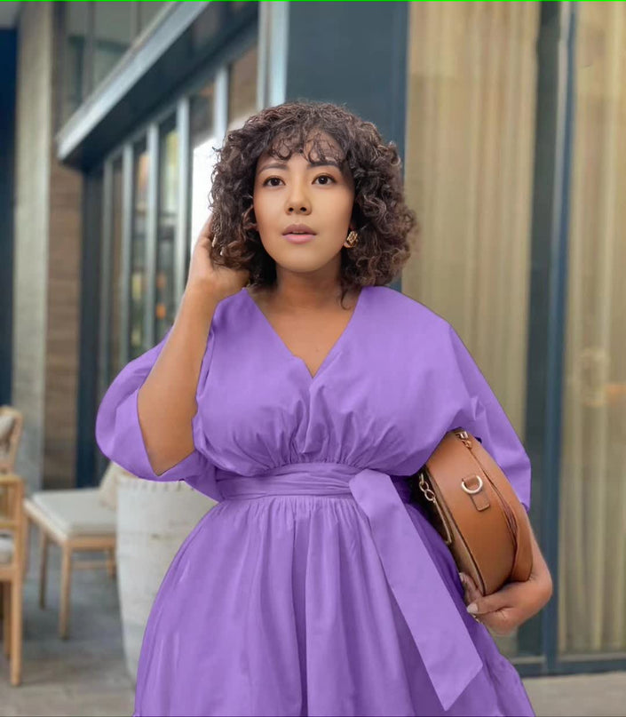 Lavender tiered midi dress with puff sleeves and V-neck, gathered waist