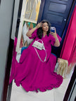 Deep-pink puff-sleeve ruffle maxi dress, relaxed fit; V-neck with ruffled tiers