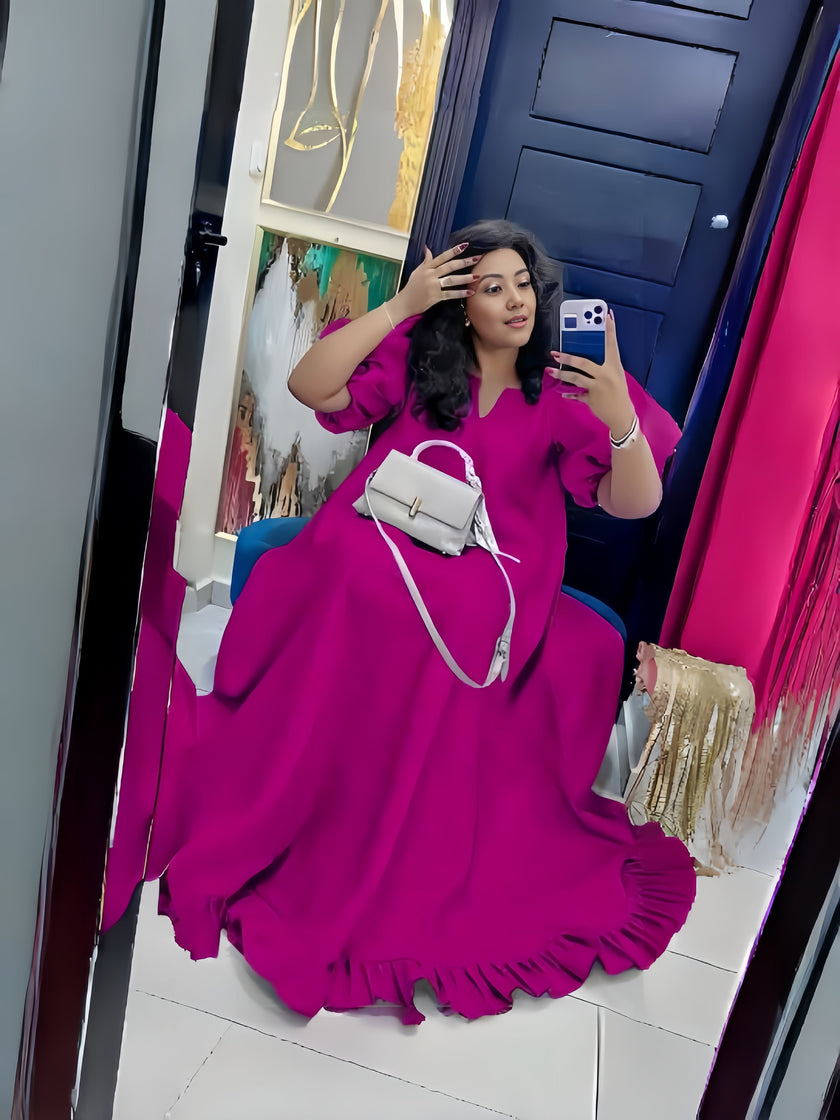 Deep-pink puff-sleeve ruffle maxi dress, relaxed fit; V-neck with ruffled tiers