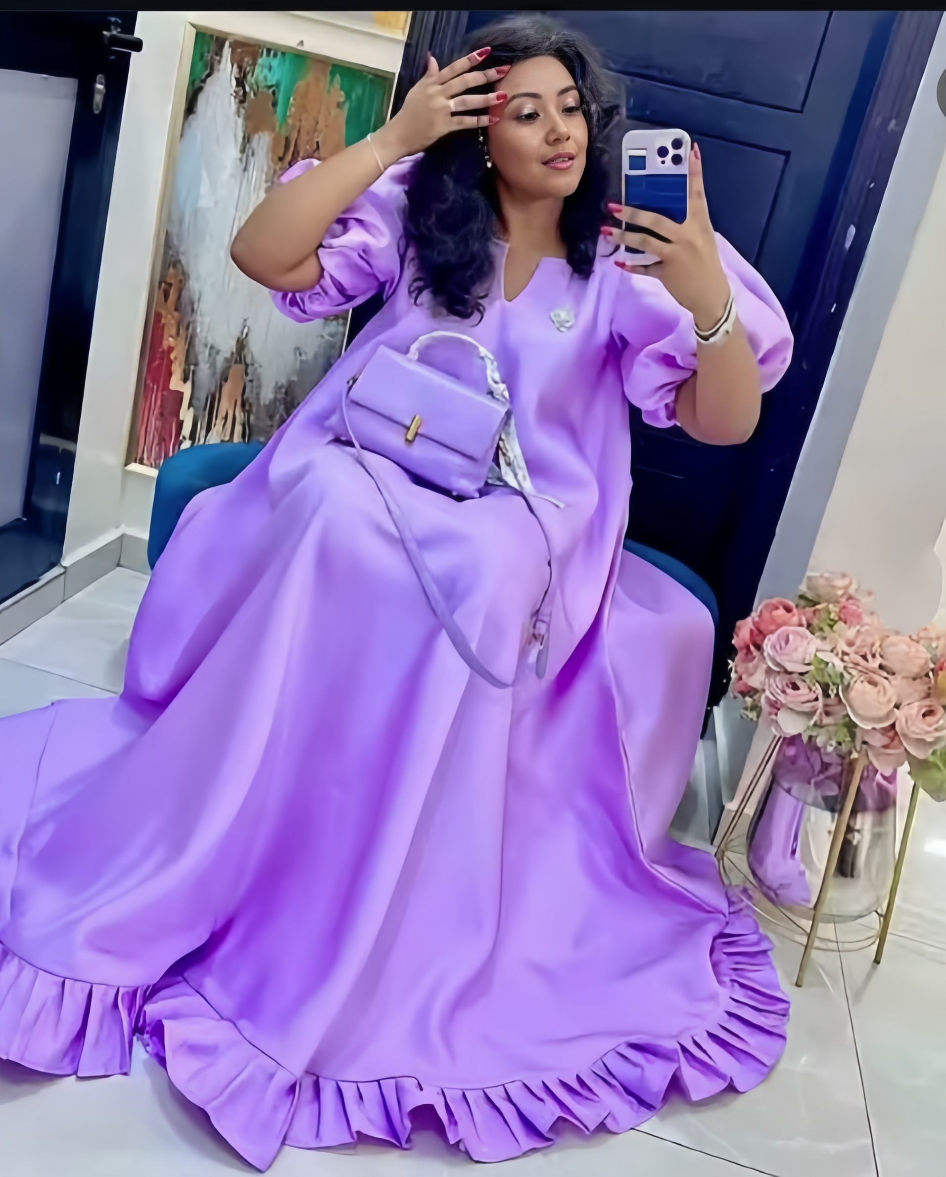 Puff Sleeve Ruffle Maxi Dress  Relaxed Fit