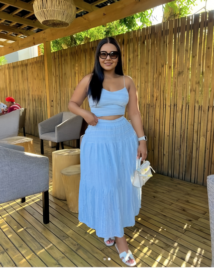 Light blue smocked camisole crop top and pleated maxi skirt set