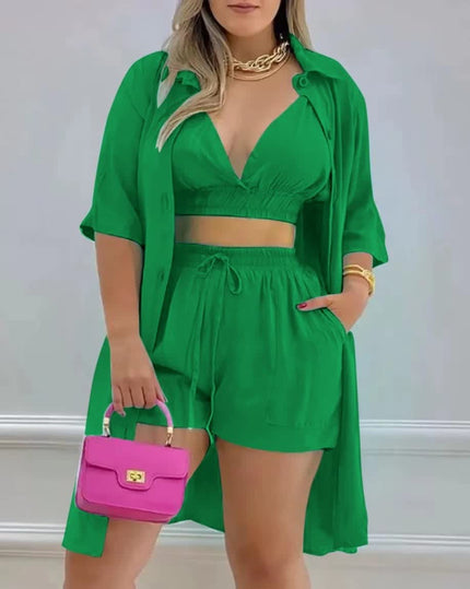 Lime-Green ThreePiece Twin Set: ruched crop top, drawstring shorts, open shirt