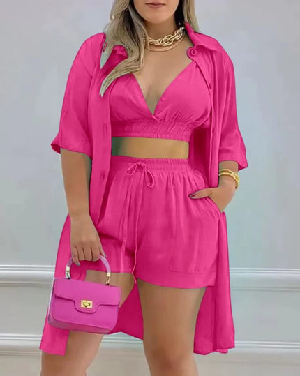Deep-Pink ThreePiece Twin Set: V-neck ruched crop top, drawstring shorts, button shirt