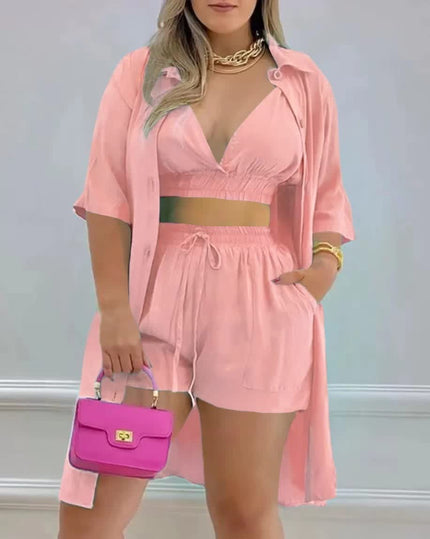 Pink ThreePiece Twin Set: ruched V-neck crop top, drawstring shorts, lightweight open shirt