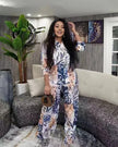 Floral printed twin set with long-sleeve top and matching wide-leg trousers