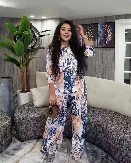 Floral printed twin set with long-sleeve top and matching wide-leg trousers