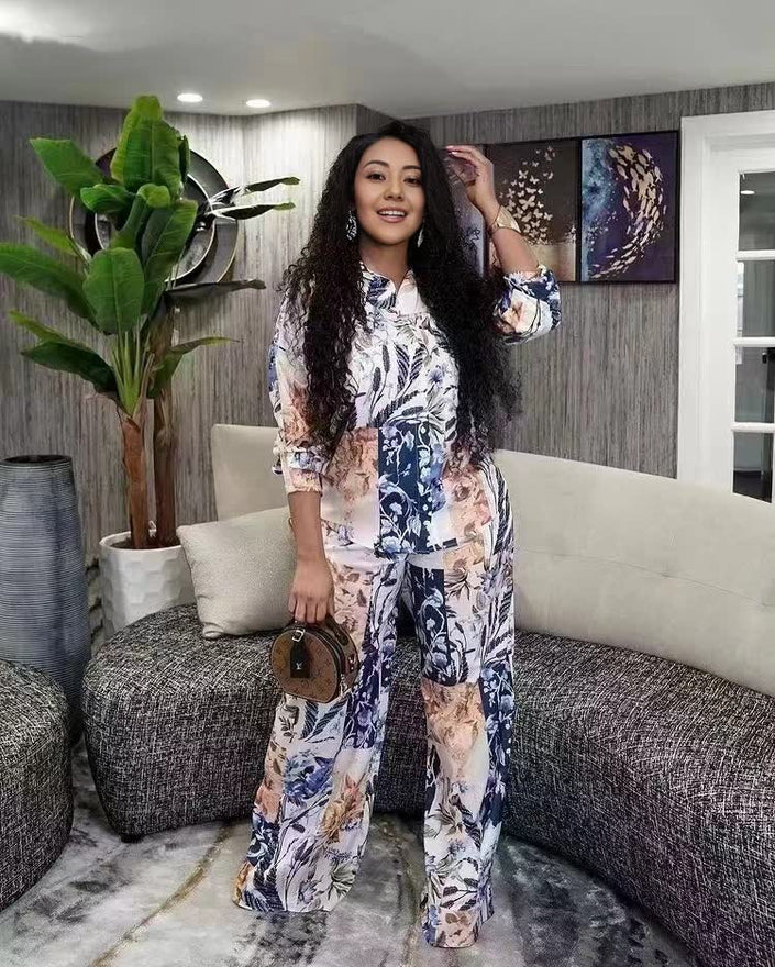 Floral printed twin set with long-sleeve top and matching wide-leg trousers