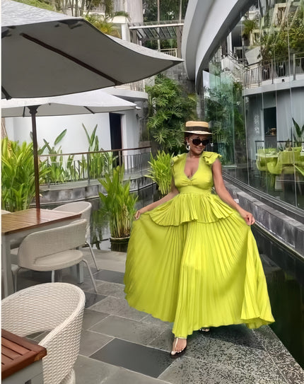 Lime-green tiered maxi dress with puff sleeves, ruffle tiers and V-neck