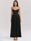 Black strapless sweetheart pleated maxi dress with ruched waist