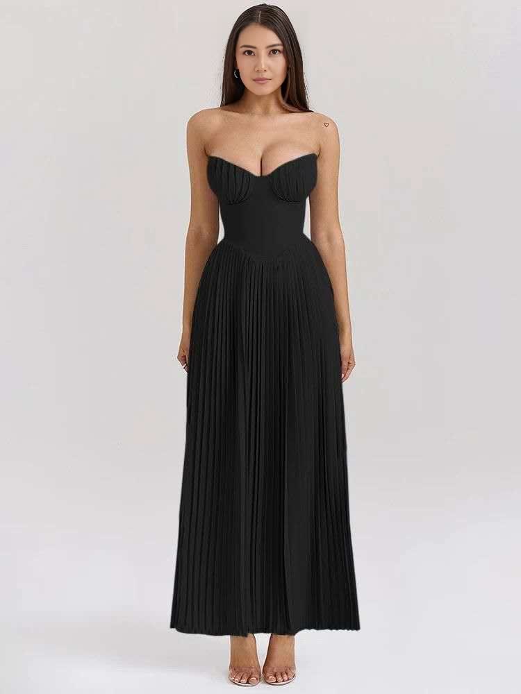 Black strapless sweetheart pleated maxi dress with ruched waist