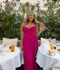 Rose-red strapless sweetheart pleated maxi dress with draped, fitted bodice
