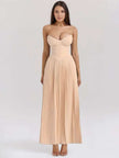 Burlywood strapless sweetheart pleated maxi dress with fitted bodice