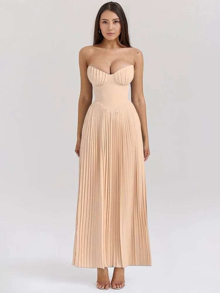 Burlywood strapless sweetheart pleated maxi dress with fitted bodice