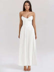 White strapless sweetheart pleated maxi dress with ruched bust