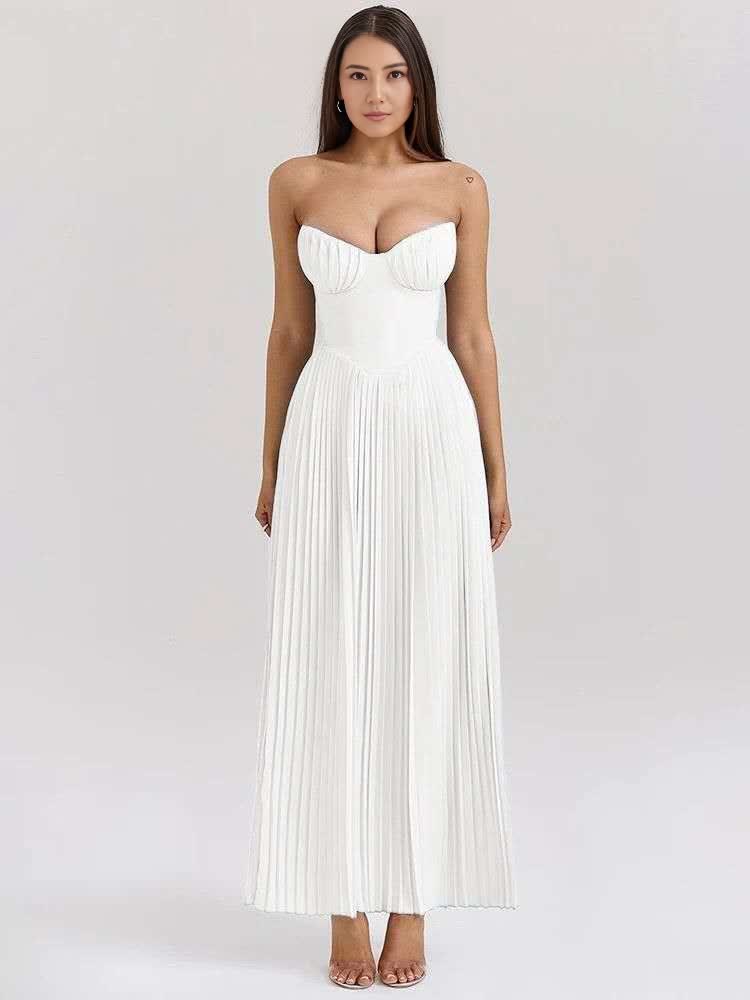 White strapless sweetheart pleated maxi dress with ruched bust