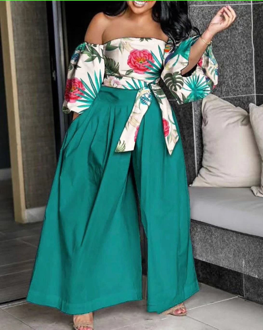 Off-Shoulder Floral Blouse with High-Waisted Wide-Leg Trousers