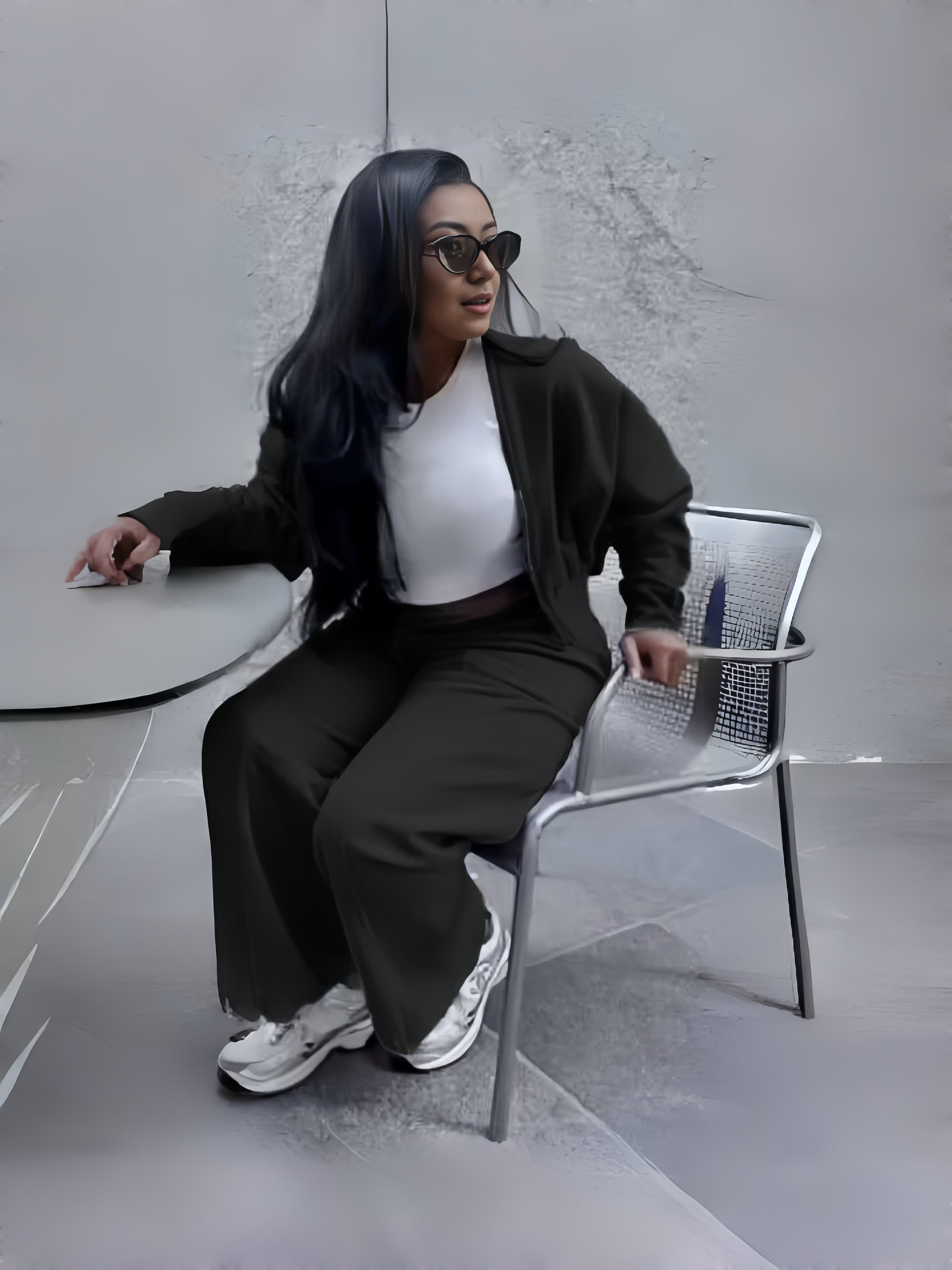 Black zip jacket and tapered pants set, zip-front jacket with relaxed tapered legs