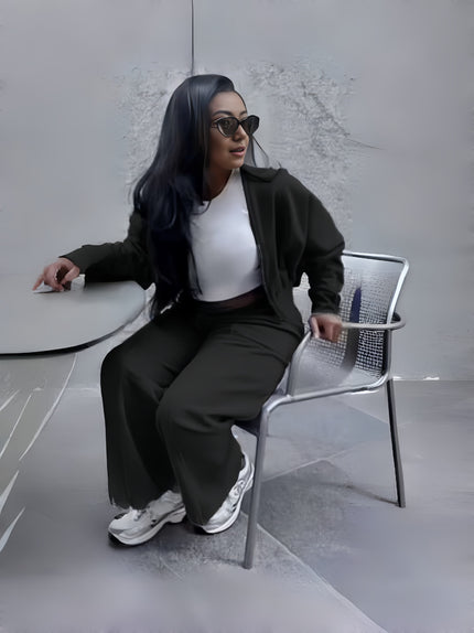 Black zip jacket and tapered pants set, zip-front jacket with relaxed tapered legs