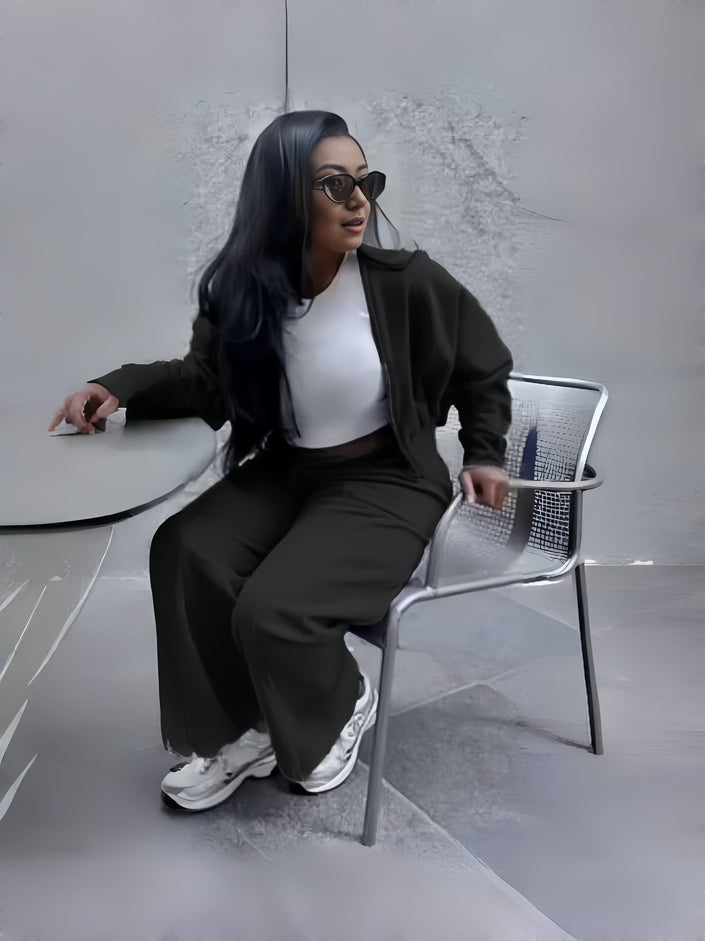 Black zip jacket and tapered pants set, zip-front jacket with relaxed tapered legs