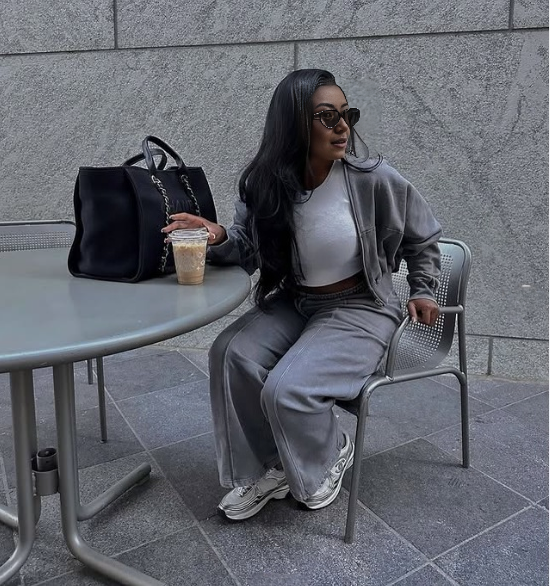 Grey zip jacket and tapered pants set, zip-front jacket and relaxed tapered legs